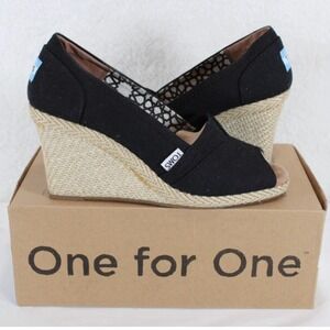 TOMS Black Canvas Peep Toe Wedge Espadrille Sandals Womens Size 7 Heels